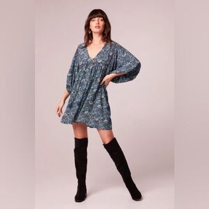 NWT Band Of The Free MALLORY TEAL FLORAL BABYDOLL MINI DRESS Bohemian Sleeves